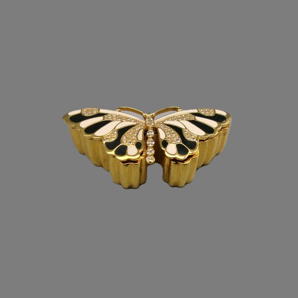 KJL Butterfly Brooch and Trinket Box, Golden Tan Black Enamel & Crystals, Vtg - Picture 6 of 8
